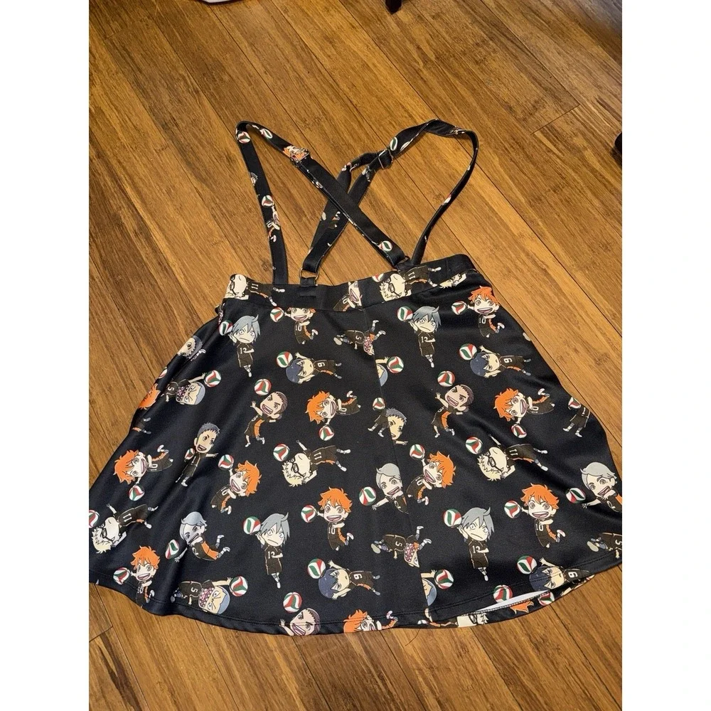 Hot Topic Haikyu Chibi Characters Suspender Skirt Womens L Black Hipster Anime - Picture 7 of 11